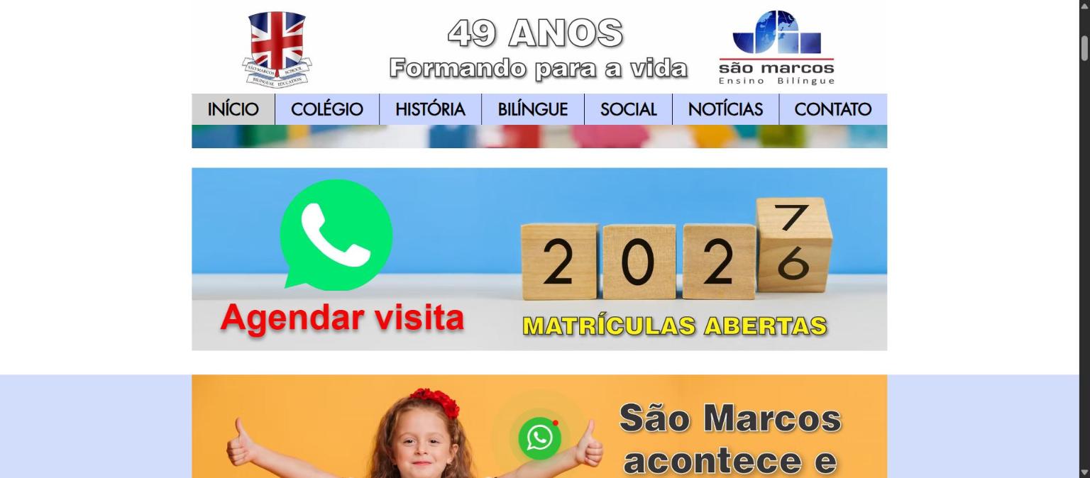 Banner da página inicial do Colégio São Marcos, com os cubos virando de 2026 para 2027, a frase